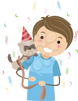 Illustration of a Kid Celebrating the Birthday of His Pet Ferret