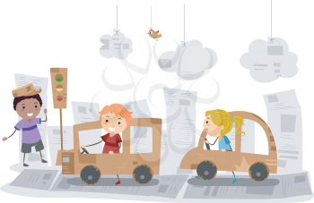 Illustration of Kids Playing with Cars Made of Carton
