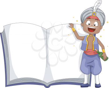 Illustration of a Genie Standing Beside a Book