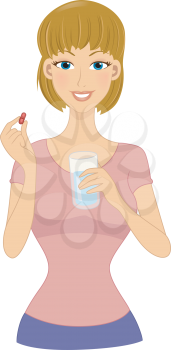 Illustration of a Girl Taking Vitamins