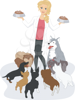 Illustration of a Vet Feeding Dogs