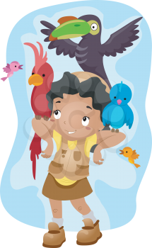 Illustration of a Kid Surrounded by Birds