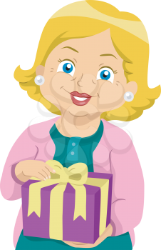 Illustration of a Grandmother Holding a Wrapped Present
