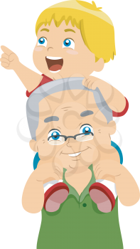 Illustration of a Grandfather Carrying His Grandson on His Shoulder