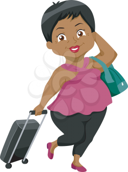 Illustration of an Elderly Female Traveler Dragging a Luggage Attached to a Strolley