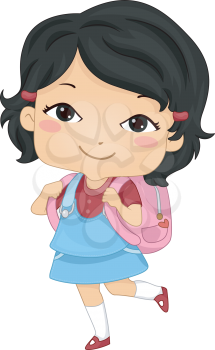Illustration of an Asian Schoolgirl Carrying a Backpack