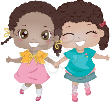 Illustration of African-American Girls Holding Hands While Walking