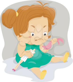 Illustration of an Angry Kid Holding a Headless Doll