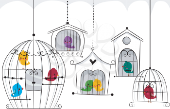 Birds in Cages Illustration