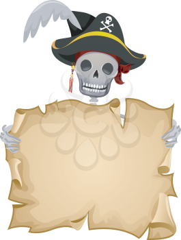 Royalty Free Clipart Image of a Pirate Skeleton Holding a Blank Scroll