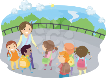 Royalty Free Clipart Image of a Teacher and Students on a Field Trip