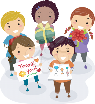 Royalty Free Clipart Image of Children With Cards and Gifts for Their Teacher