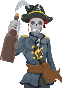 Royalty Free Clipart Image of a Skeleton With a Bottle