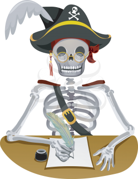 Royalty Free Clipart Image of a Skeleton Pirate Writing