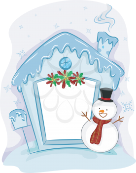 Royalty Free Clipart Image of a Snowman Outside a House