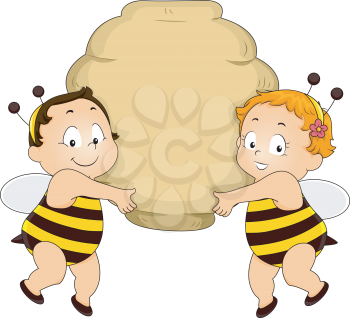 Royalty Free Clipart Image of a Boy and Girl in Bee Costumes Holding a Hive