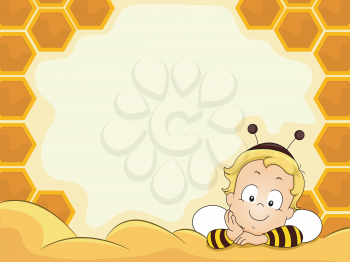 Royalty Free Clipart Image of a Baby in a Bee Costume at a Honeycomb Frame