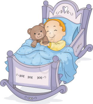 Royalty Free Clipart Image of a Baby in Bed With a Teddy
