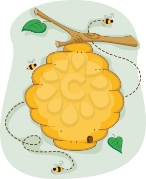 Royalty Free Clipart Image of Bees Around a Beehive