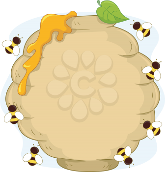 Royalty Free Clipart Image of a Hive Surrounded by Bees
