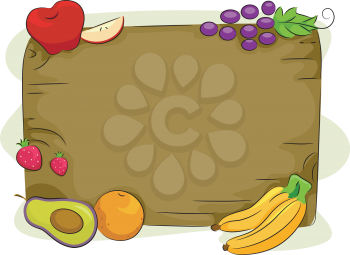 Royalty Free Clipart Image of a Wooden Board Surrounded by Food