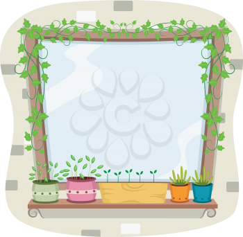 Royalty Free Clipart Image of a Window Surrounded by Plants