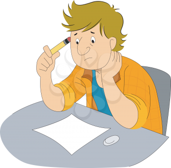 Royalty Free Clipart Image of a Man at a Desk With a Pencil