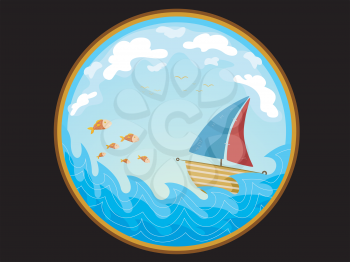 Royalty Free Clipart Image of a Telescopic View of a Sailboat on Water