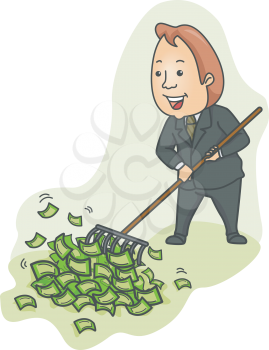 Royalty Free Clipart Image of a Man Raking in Money