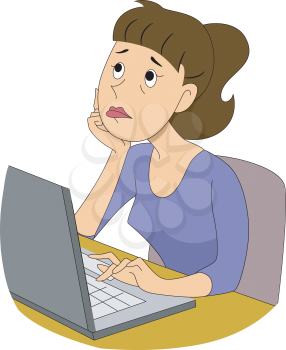 Royalty Free Clipart Image of a Woman Thinking at a Computer