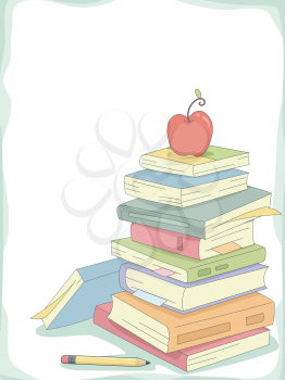Royalty Free Clipart Image of a Stack of Books With an Apple on Top
