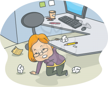 Royalty Free Clipart Image of a Woman Tidying an Office Space