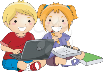 Illustration of Kids studying with the use of Laptop, notebook, pencil and book