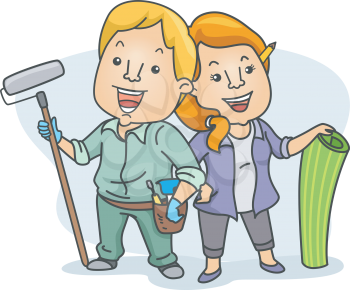 Royalty Free Clipart Image of a Man and Women With Wallpaper and a Paint Roller