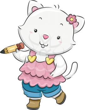 Royalty Free Clipart Image of a Cat Holding a Pencil