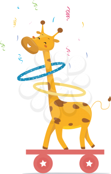 Royalty Free Clipart Image of a Giraffe With Hula Hoops on Its Neck Riding a Wagon