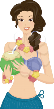 Royalty Free Clipart Image of a Woman in a Hawaiin Dress Drinking From a Coconut