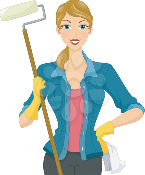 Royalty Free Clipart Image of a Woman Holding a Roller Brush