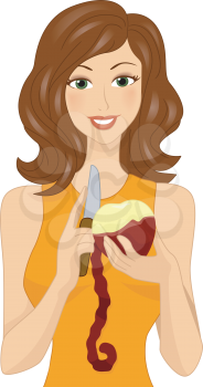 Royalty Free Clipart Image of a Woman Peeling an Apple