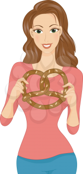 Royalty Free Clipart Image of a Woman Holding a Large Pretzel