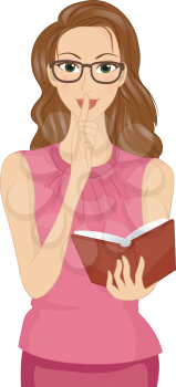 Royalty Free Clipart Image of a Woman Holding a Book and Saying Hush