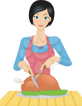 Royalty Free Clipart Image of a Woman Slicing a Roast Turkey
