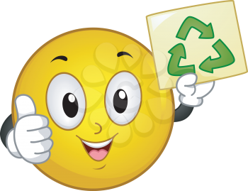 Royalty Free Clipart Image of a Smiley Face Holding a Recycling Sign