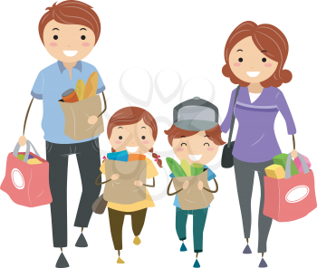 Royalty Free Clipart Image of a Family Shopping for Groceries