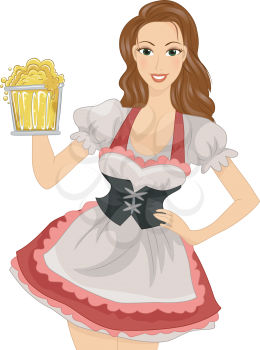 Royalty Free Clipart Image of a Woman in a Dirndl Holding a Mug of Beer