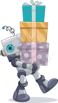 Royalty Free Clipart Image of a Robot Carrying Gifts