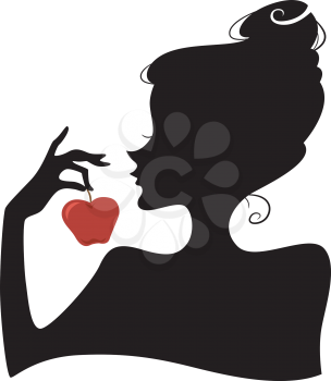 Royalty Free Clipart Image of a Silhouette of a Woman Holding a Red Apple