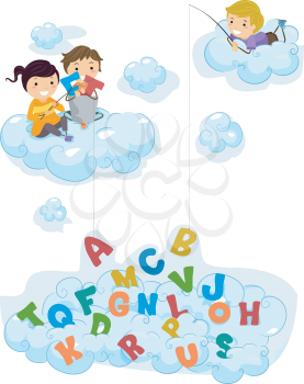 Royalty Free Clipart Image of Kids on Clouds Fishing for Letters