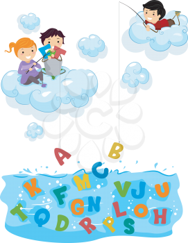 Royalty Free Clipart Image of Children in Clouds Fishing For Letters