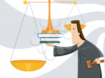 Royalty Free Clipart Image of a Judge Using Books to Balance Scales